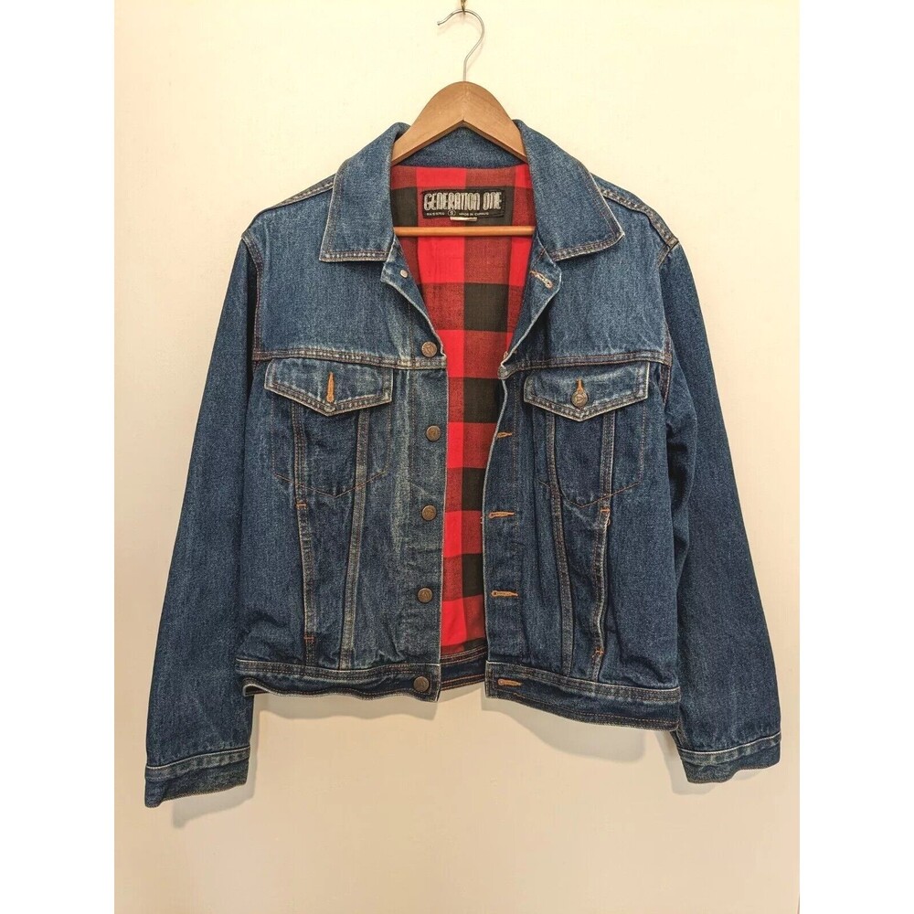 Mens S Vintage 80s Denim Jean Jacket Red Buffalo Plaid Lined Generation One